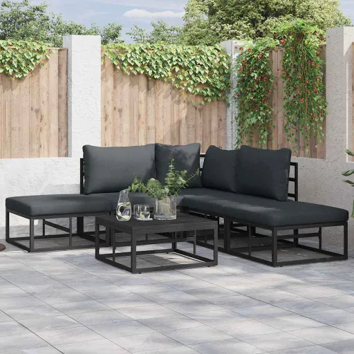 Conjunto de Sofá de Jardim com Almofada   Preto Alumínio (5 pcs)