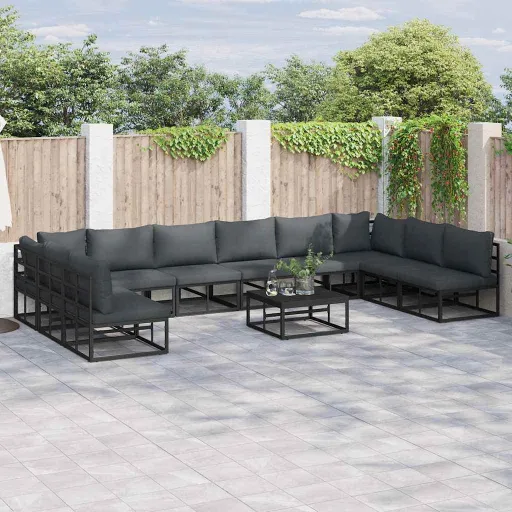 Conjunto de Sofá de Jardim com Almofada   Preto Alumínio (10 pcs)