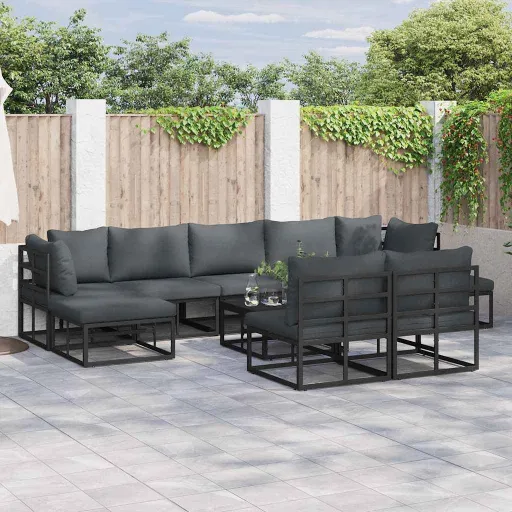 Conjunto de Sofá de Jardim com Almofada   Preto Alumínio (10 pcs)