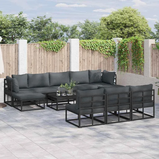 Conjunto de Sofá de Jardim com Almofada   Preto Alumínio (11 pcs)