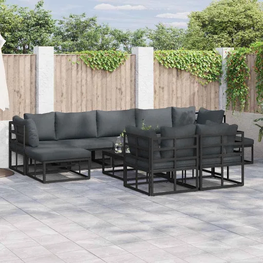 Conjunto de Sofá de Jardim com Almofada   Preto Alumínio (9 pcs)