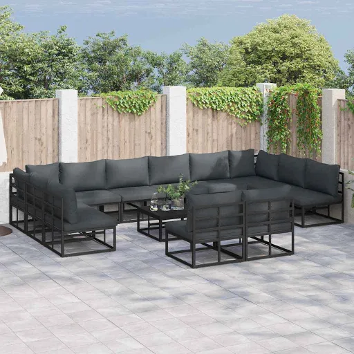Conjunto de Sofá de Jardim com Almofada   Preto Alumínio (12 pcs)