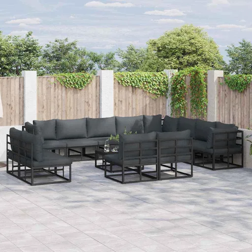 Conjunto de Sofá de Jardim com Almofada   Preto Alumínio (12 pcs)
