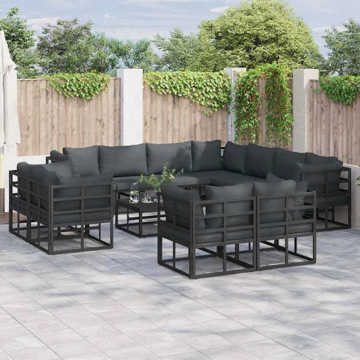 Conjunto de Sofá de Jardim com Almofada   Preto Alumínio (11 pcs)