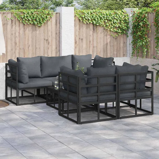 Conjunto de Sofá de Jardim com Almofada   Preto Aço (6 pcs)