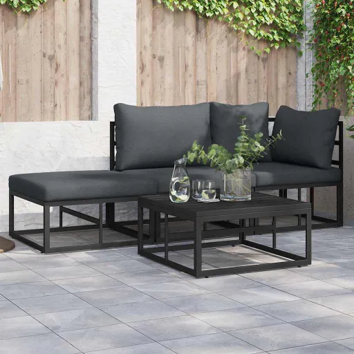 Conjunto de Sofá de Jardim com Almofada   Preto Alumínio (3 pcs)