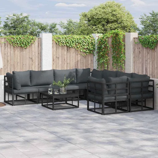 Conjunto de Sofá de Jardim com Almofada   Preto Aço (8 pcs)