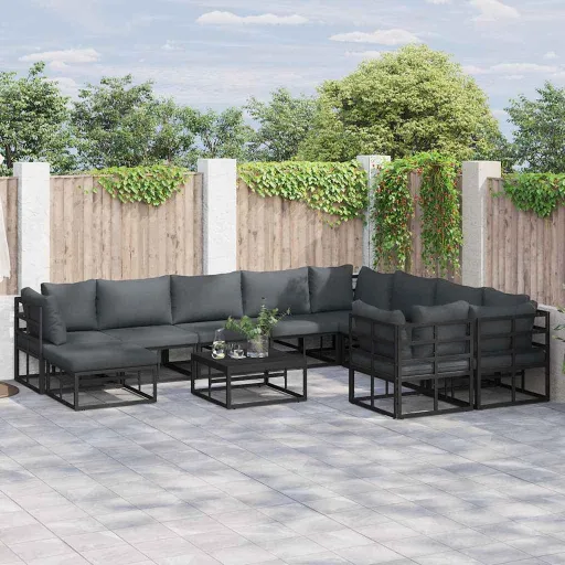 Conjunto de Sofá de Jardim com Almofada   Preto Alumínio (11 pcs)