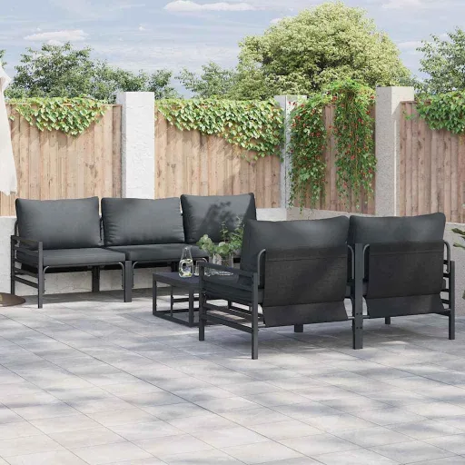 Conjunto de Sofá de Jardim com Almofada   Preto Aço (6 pcs)