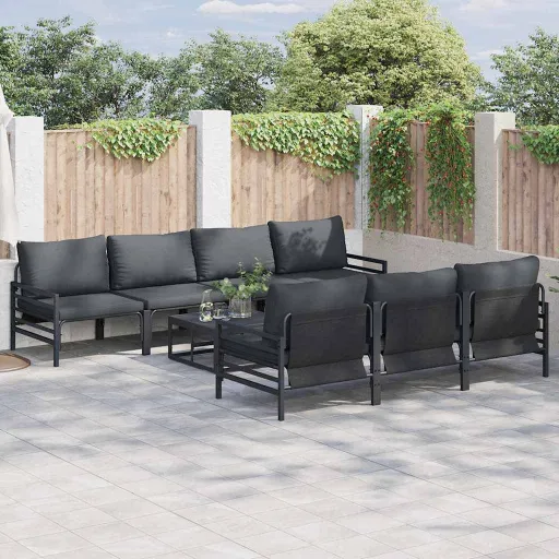 Conjunto de Sofá de Jardim com Almofada   Preto Aço (8 pcs)