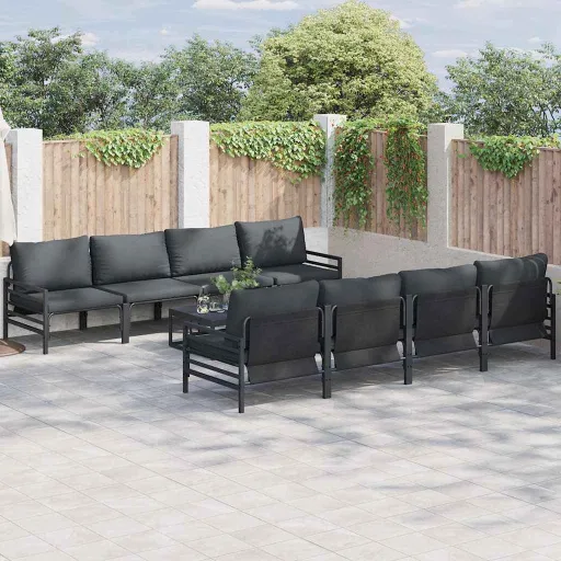 Conjunto de Sofá de Jardim com Almofada   Preto Aço (9 pcs)