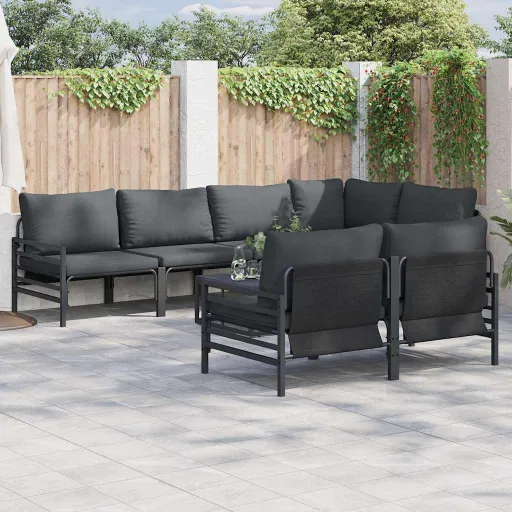 Conjunto de Sofá de Jardim com Almofada   Preto Aço (7 pcs)