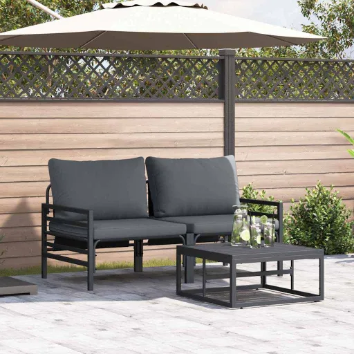 Conjunto de Sofá de Jardim com Almofada   Preto Aço (3 pcs)