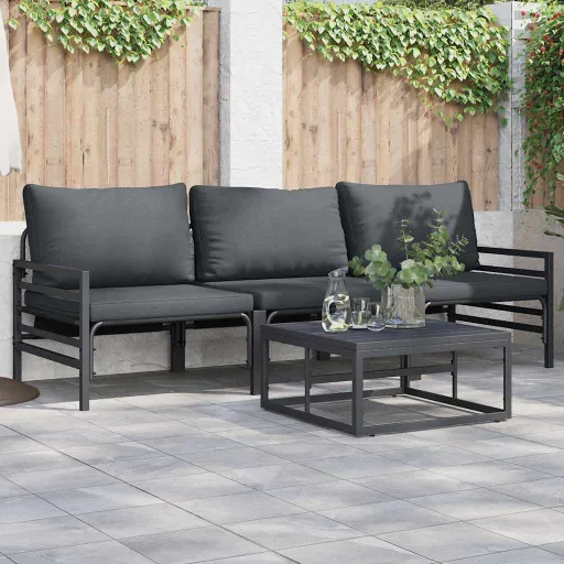 Conjunto de Sofá de Jardim com Almofada   Preto Aço (3 pcs)