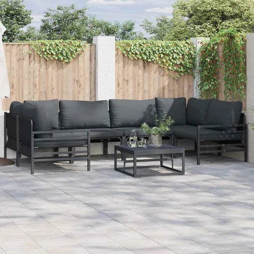 Conjunto de Sofá de Jardim com Almofada   Preto Aço (6 pcs)