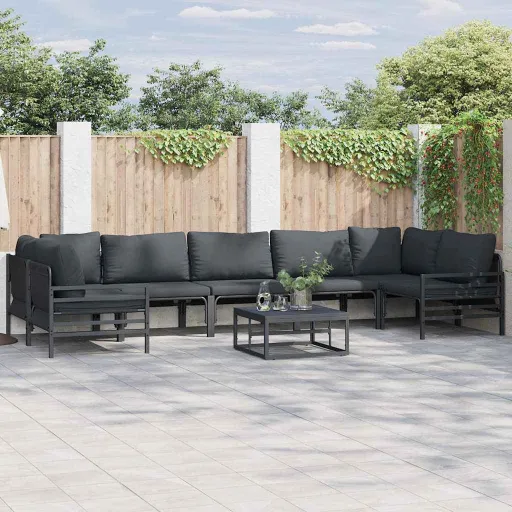 Conjunto de Sofá de Jardim com Almofada   Preto Aço (7 pcs)