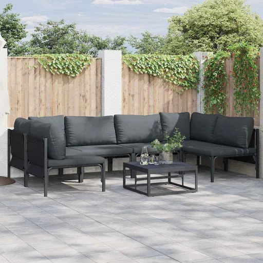 Conjunto de Sofá de Jardim com Almofada   Preto Aço (6 pcs)