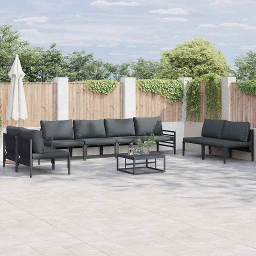 Conjunto de Sofá de Jardim com Almofada   Preto Aço (8 pcs)