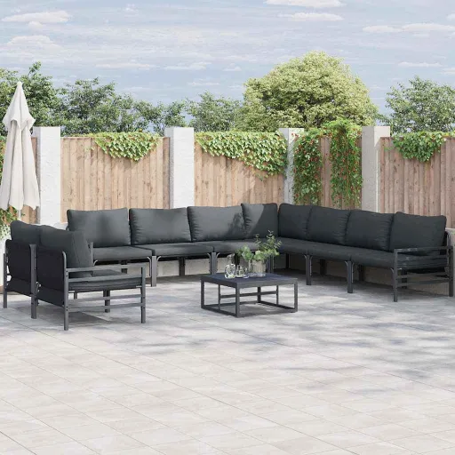 Conjunto de Sofá de Jardim com Almofada   Preto Aço (9 pcs)