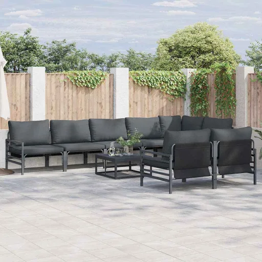 Conjunto de Sofá de Jardim com Almofada   Preto Aço (8 pcs)