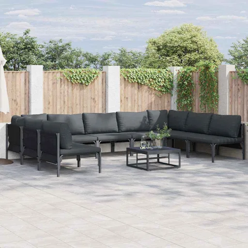 Conjunto de Sofá de Jardim com Almofada   Preto Aço (9 pcs)
