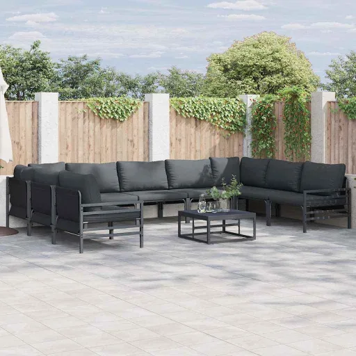 Conjunto de Sofá de Jardim com Almofada   Preto Aço (9 pcs)