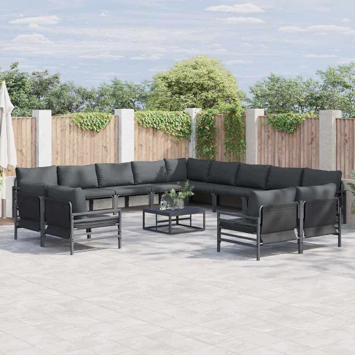Conjunto de Sofá de Jardim com Almofada   Preto Aço (13 pcs)