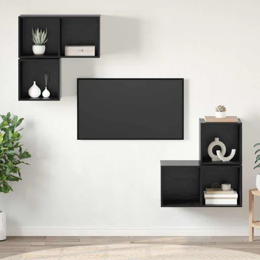 Conjunto de Móvel de TV   Carvalho Preto Madeira Processada (4 pcs)