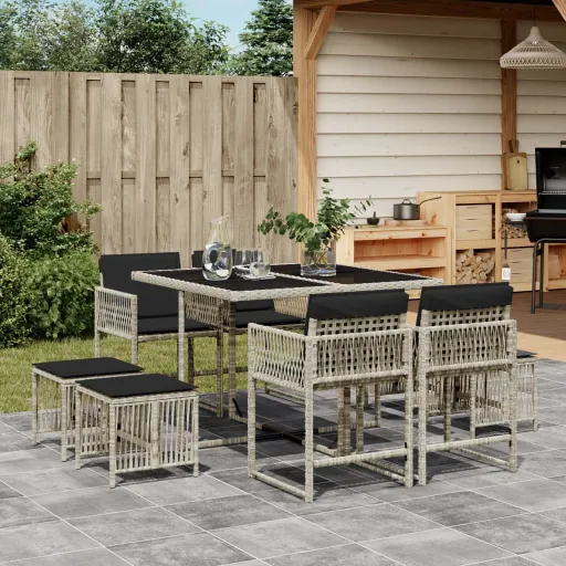 Conjunto de Jantar p/ Jardim c/ Almofadões Cinzento Claro (9 pcs)