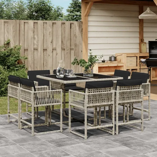 Conjunto de Jantar p/ Jardim c/ Almofadões Cinzento Claro (9 pcs)