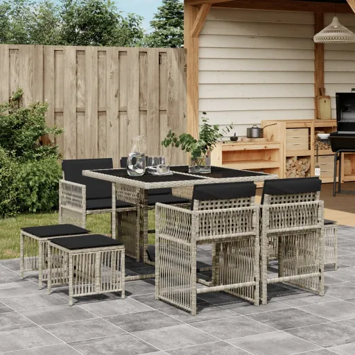 Conjunto de Jantar p/ Jardim c/ Almofadões Cinzento Claro (9 pcs)