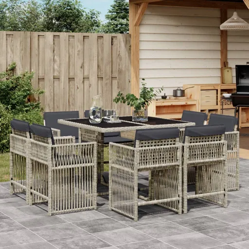Conjunto de Jantar p/ Jardim c/ Almofadões Cinzento Claro (9 pcs)