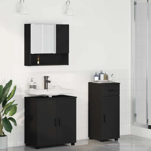 Conjunto de Móveis para Banheiro com Gaveta   Preto (3 pcs)