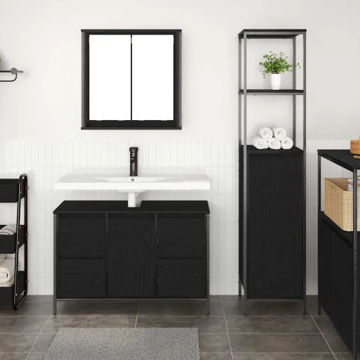 Conjunto de Móveis para Banheiro com Porta   Carvalho Preto (2 pcs)