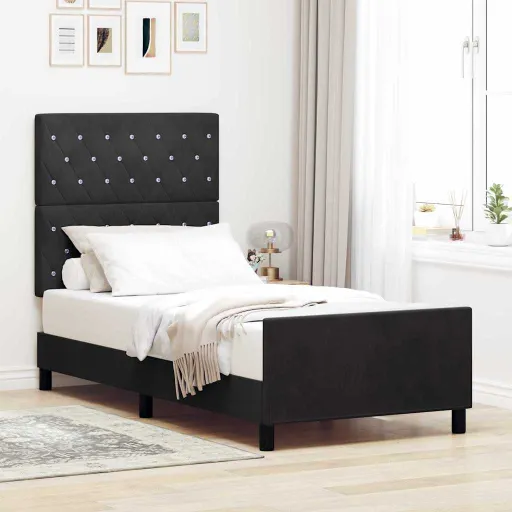 Estrutura da Cama com Cabeceira Preto 90 x 190 cm Veludo