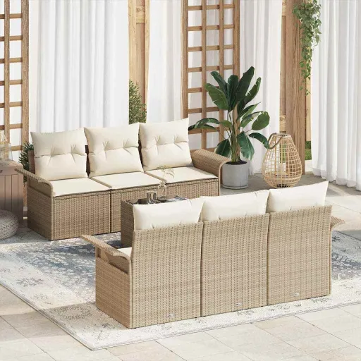 Conjunto de Sofá de Jardim com Almofada   Bege Vime PE (7 pcs)