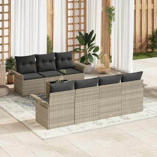 Conjunto de Sofá de Jardim   Cinzento-Claro Vime PE (8 pcs)