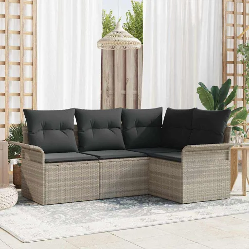 Conjunto de Sofá de Jardim   Cinzento-Claro Vime PE (4 pcs)