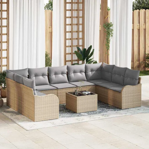 Conjunto de Sofá de Jardim   Bege Vime PE (10 pcs)