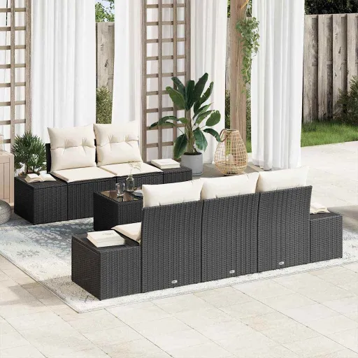 Conjunto de Sofá de Jardim com Almofada Preto Vime PE