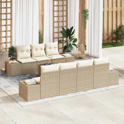 Conjunto de Sofá de Jardim com Almofada   Bege Vime PE (8 pcs)