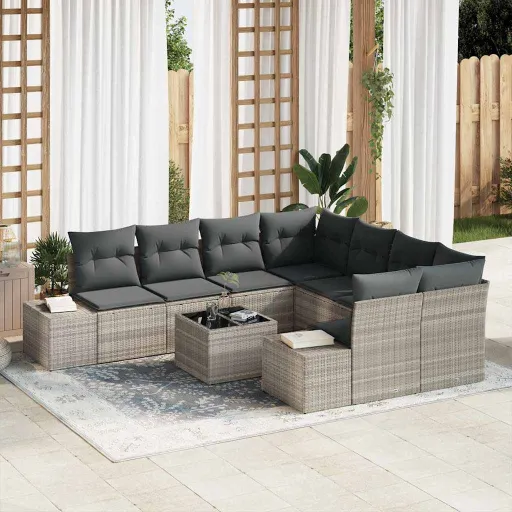 Conjunto de Sofá de Jardim   Cinzento-Claro Vime PE (9 pcs)