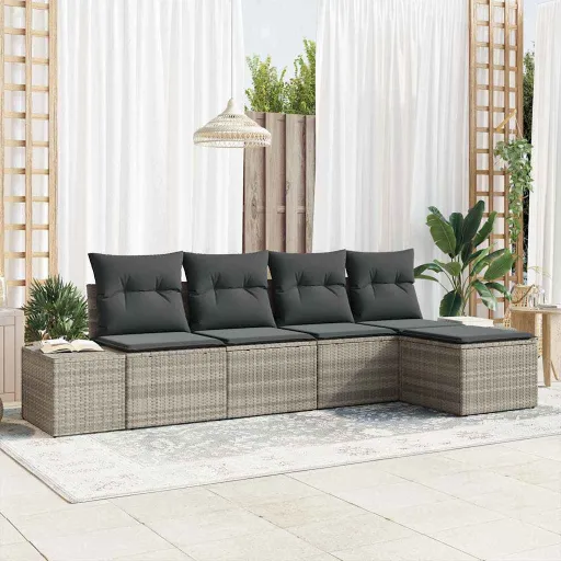 Conjunto de Sofá de Jardim   Cinzento-Claro Vime PE (5 pcs)