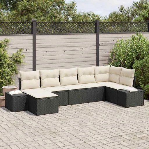 Conjunto de Sofá de Jardim com Almofada   Preto Vime PE (7 pcs)