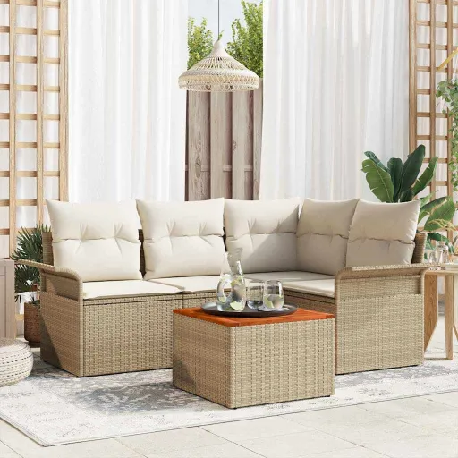 Conjunto de Sofá de Jardim com Almofada   Bege Vime PE (5 pcs)