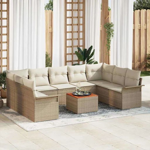 Conjunto de Sofá de Jardim com Almofada   Bege Vime PE (10 pcs)