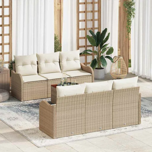 Conjunto de Sofá de Jardim com Almofada   Bege Vime PE (7 pcs)