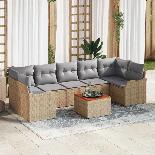 Conjunto de Sofá de Jardim com Almofada   Bege Vime PE (8 pcs)