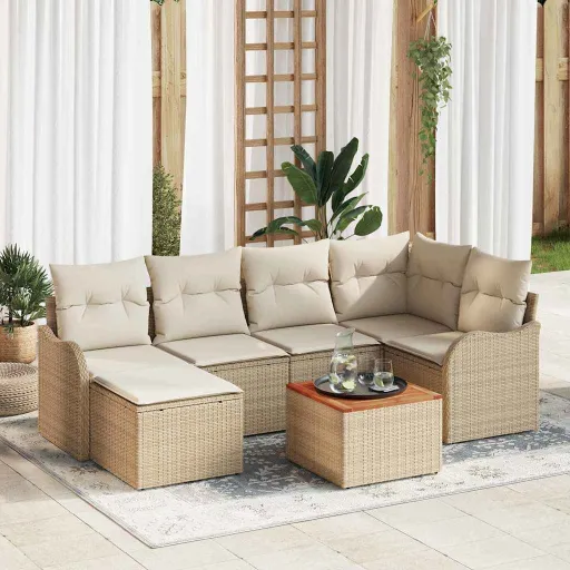 Conjunto de Sofá de Jardim com Almofada   Bege Vime PE (7 pcs)