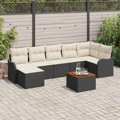 Conjunto de Sofá de Jardim com Almofada   Preto Vime PE (8 pcs)